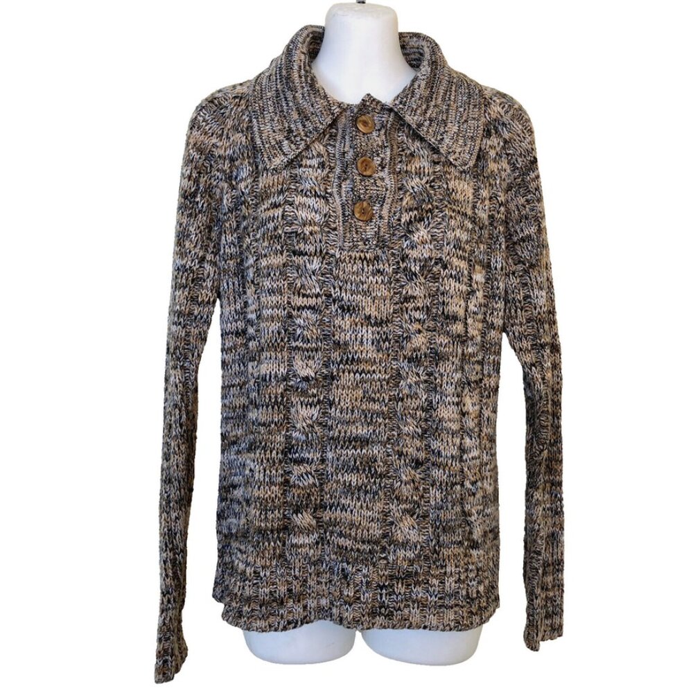 Wide Lapel Polo Knit Pullover Sweater Brown Marled Acrylic Vintage Scrambler 80s
